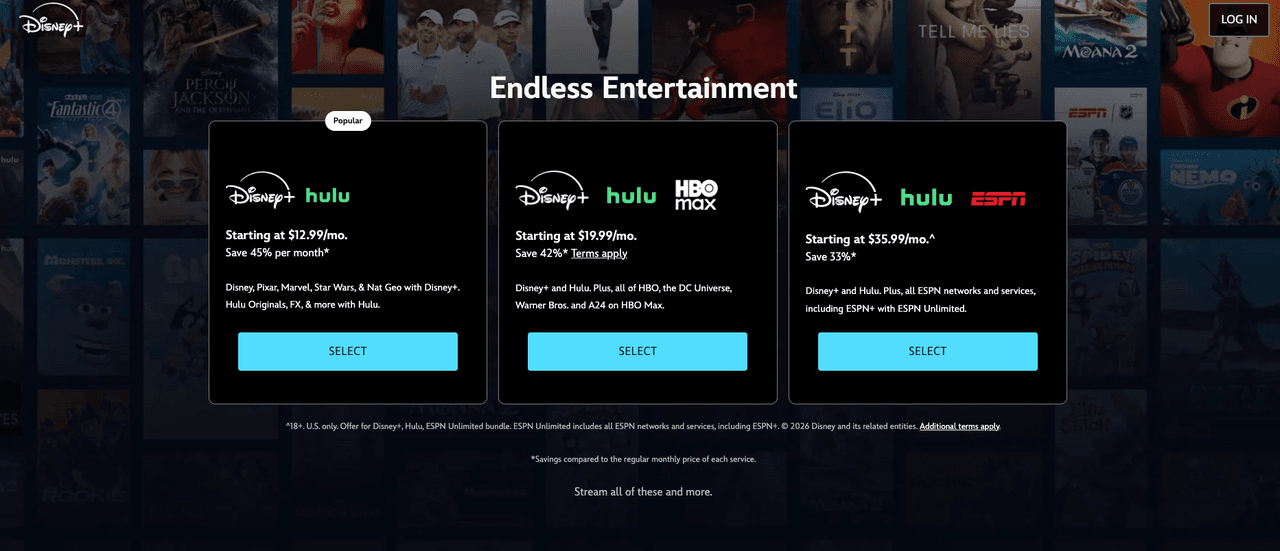 Disney+ selection screen showing Hulu bundle options with ads starting at $12.99/mo and learn more about canceling Hulu subscription from bundled plans.