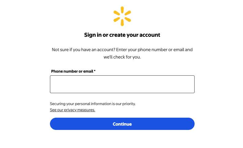 The sign-in screen where users enter their email to log in and find out how to cancel Walmart Plus account access.