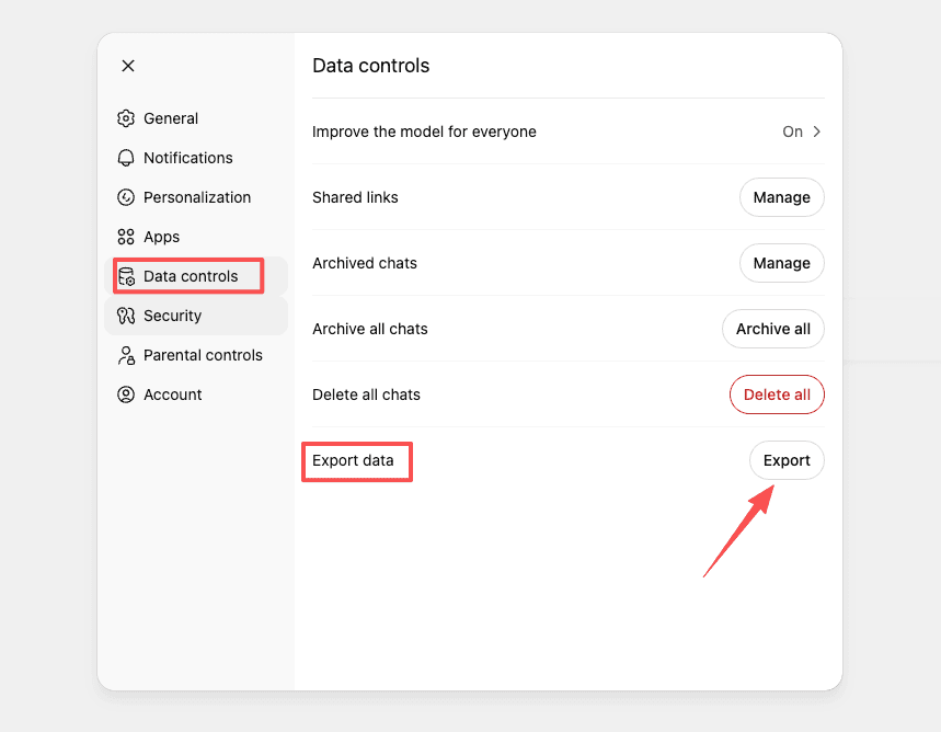 Click the export data button in your settings to save your prompt history before you delete chatgpt account safely.