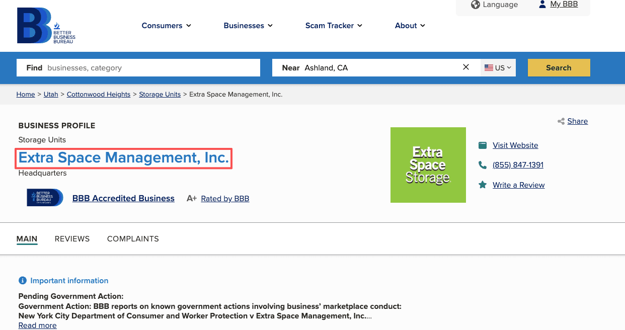 Check the BBB profile when researching the extra space storage cancellation policy to ensure a safe consumer experience.