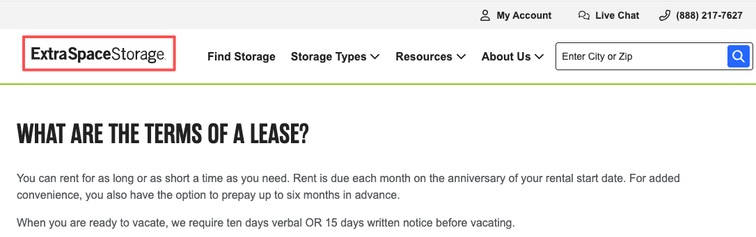 Review lease terms which outline the extra space storage cancellation policy, including monthly rent and notice rules.