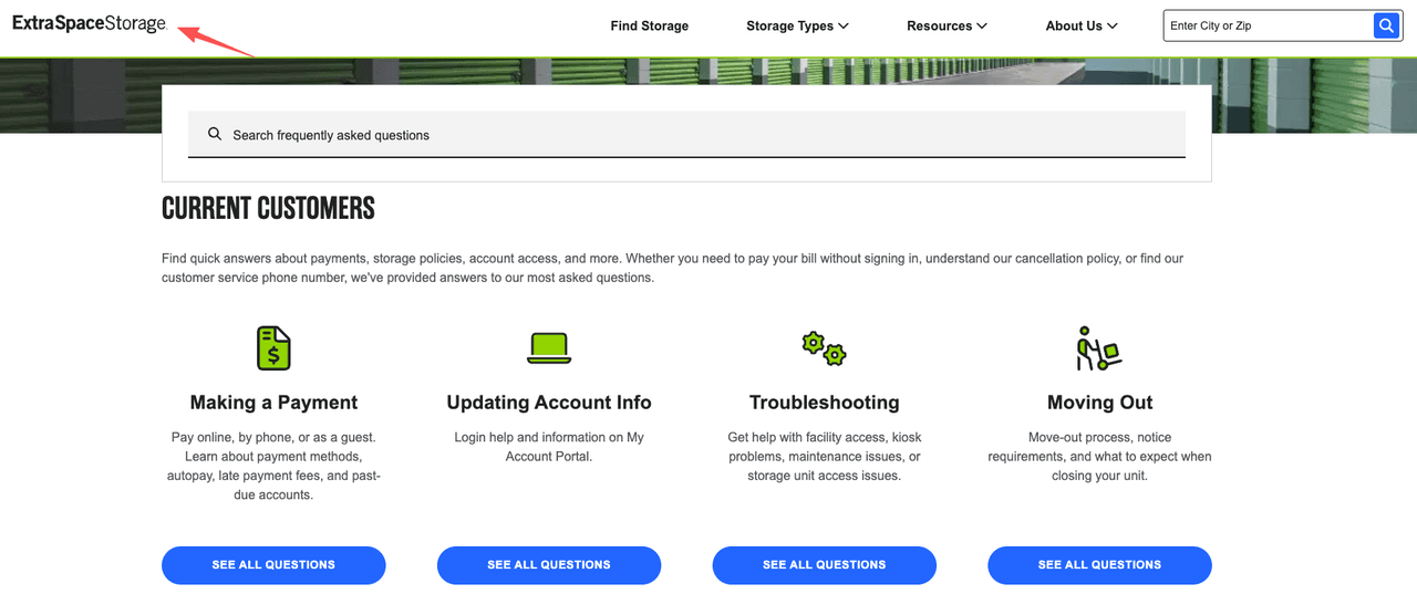 Screenshot of the website help section showing where to find moving out details when you cancel extra space storage.