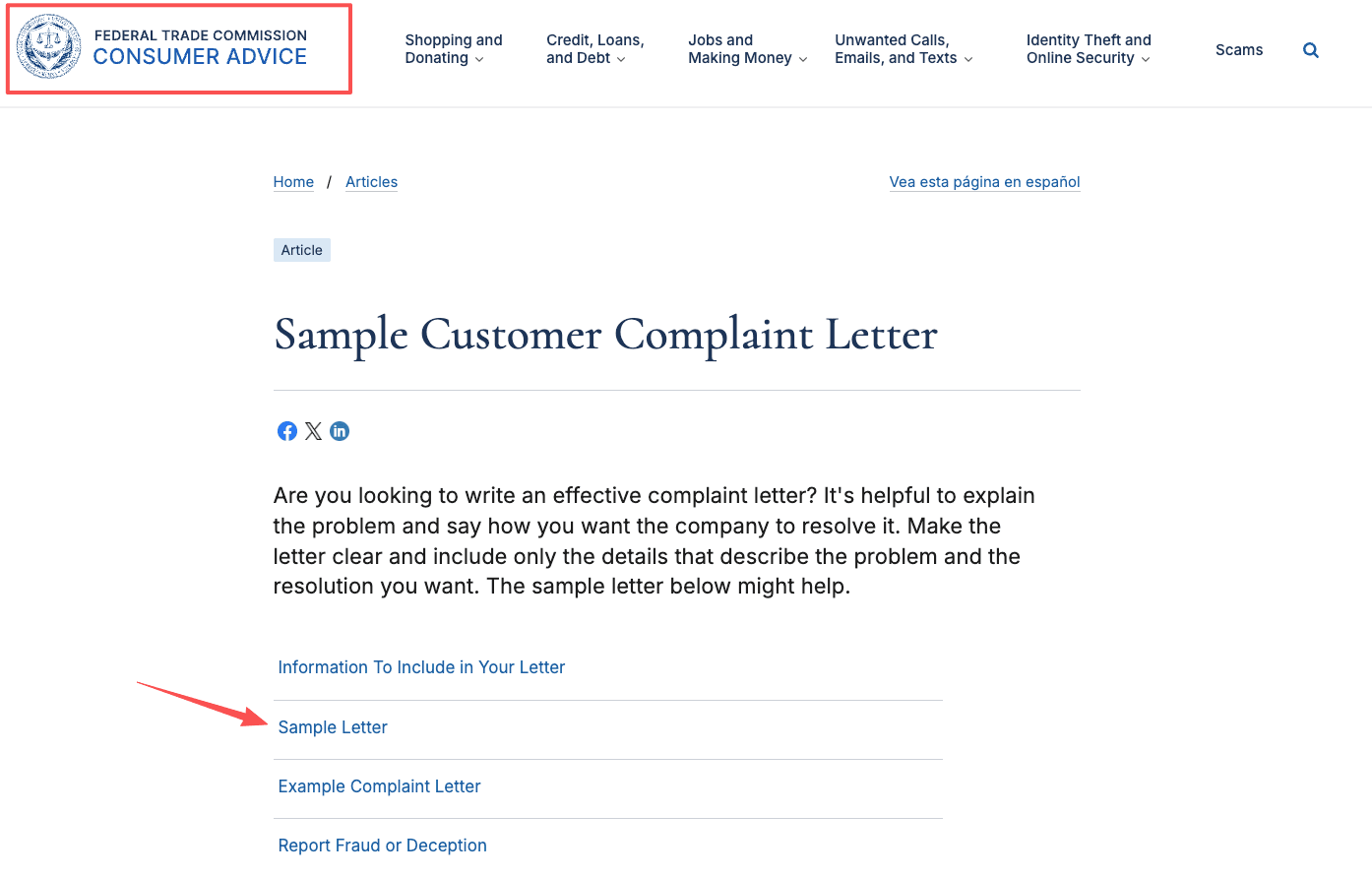 FTC consumer advice page featuring a sample letter to resolve public storage corporate office complaints.