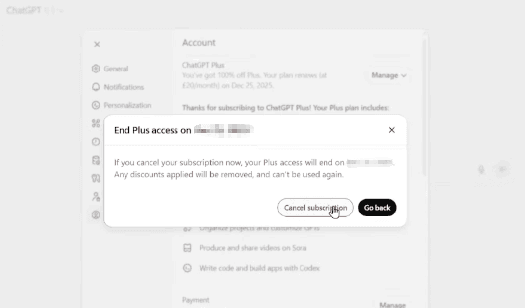 The final confirmation popup window with a red button, completing the process of how to cancel my chatgpt subscription online.