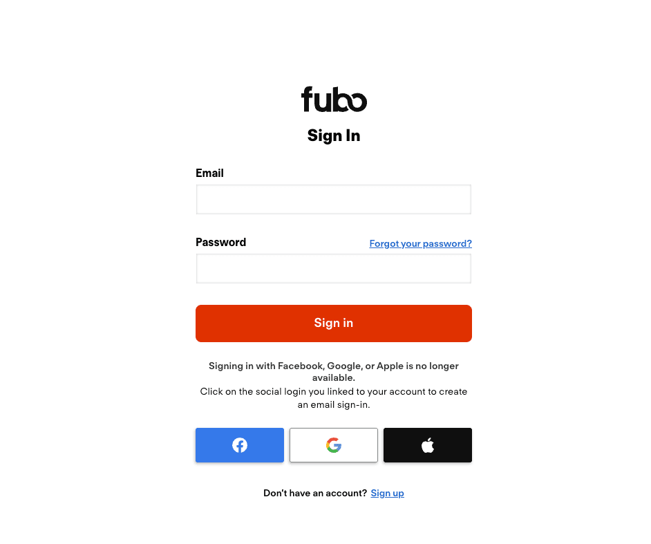 The sign in form where users must enter their email and password to access their account and how to cancel fubo subscription.