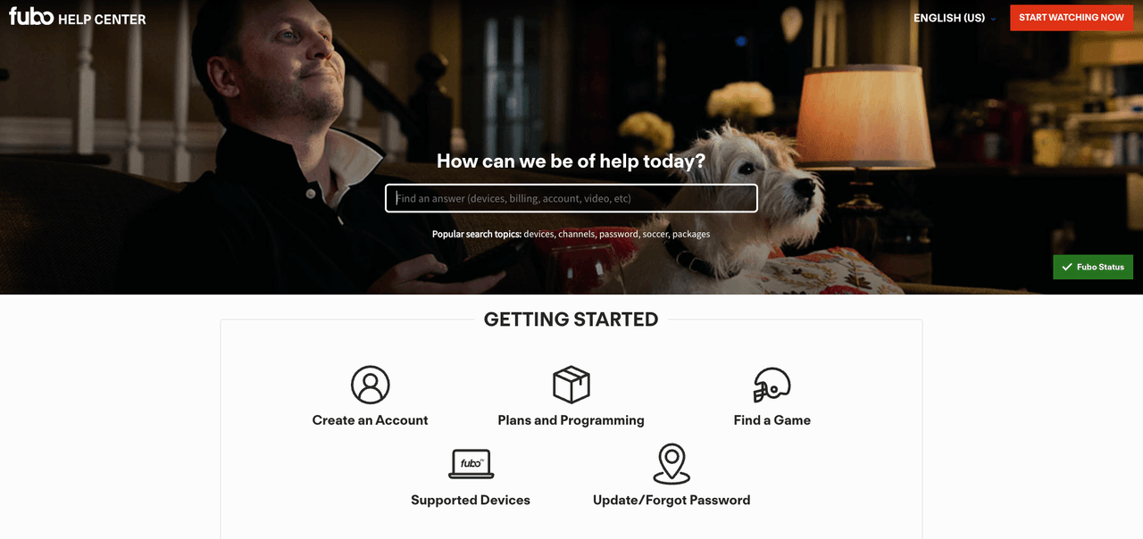 The Fubo Help Center search bar where users can find official articles and support on how to cancel fubo subscription.