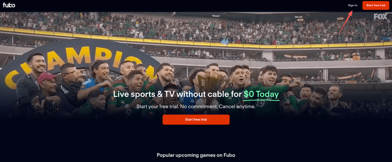 The FuboTV homepage showing the sign in button which is the first step when learning how to cancel fubo subscription.