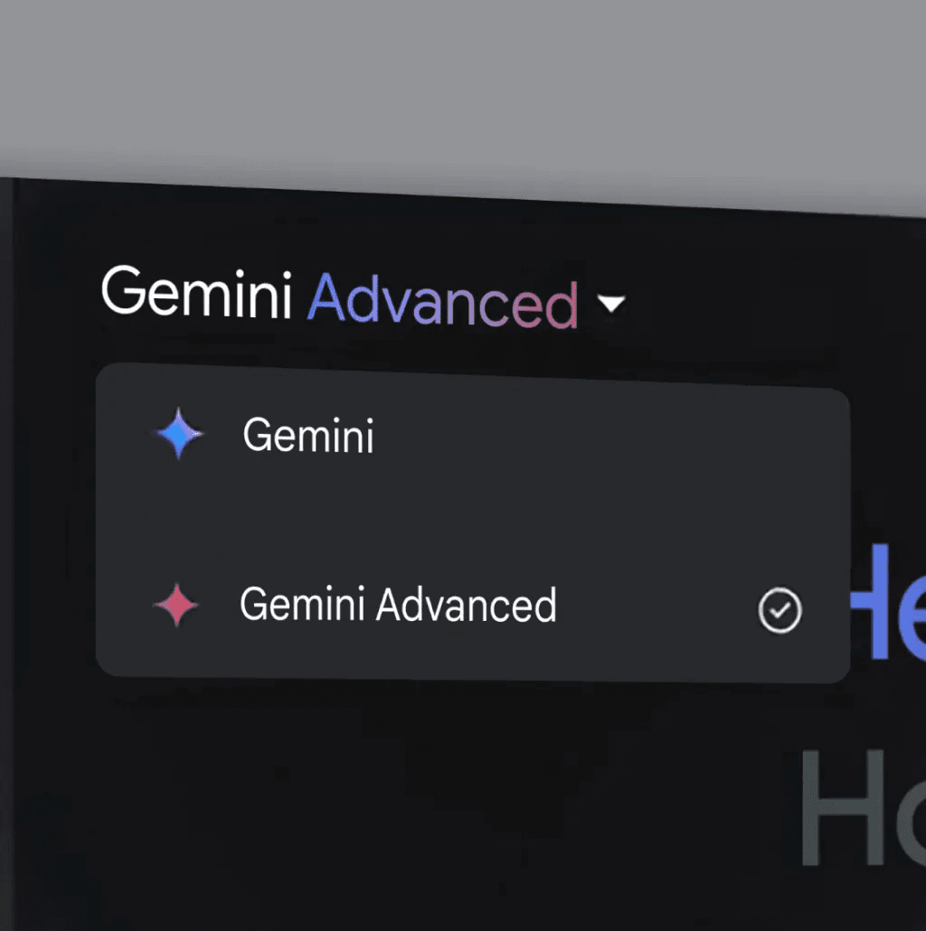 Gemini Advanced model selection dropdown, one of the top Claude alternatives offering Gemini and Gemini Advanced for enhanced AI performance.