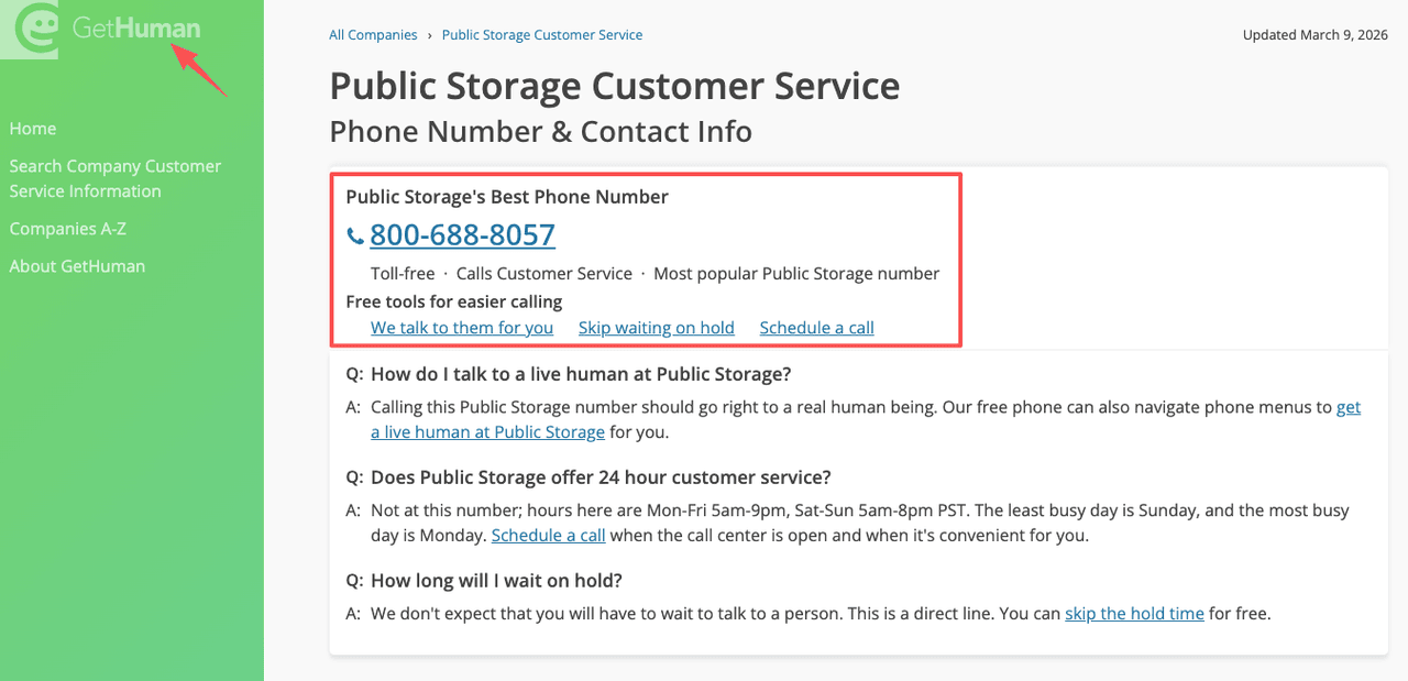 GetHuman directory showing the best number to call a public storage customer service live person.