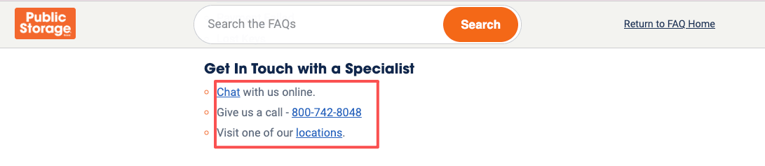 Support options to easily connect with a public storage customer service live person via chat or phone.