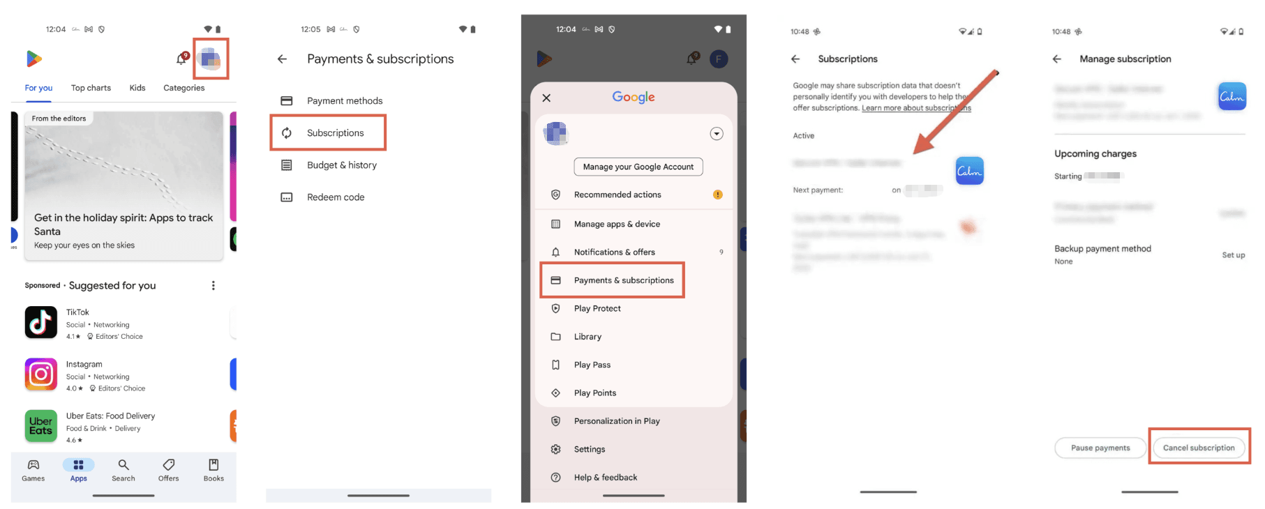 Step-by-step screenshots explaining how to cancel calm app on Android devices using the Google Play Store.