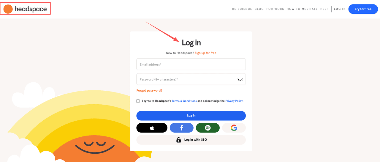Step one to cancel headspace subscription is entering your credentials on the login screen.