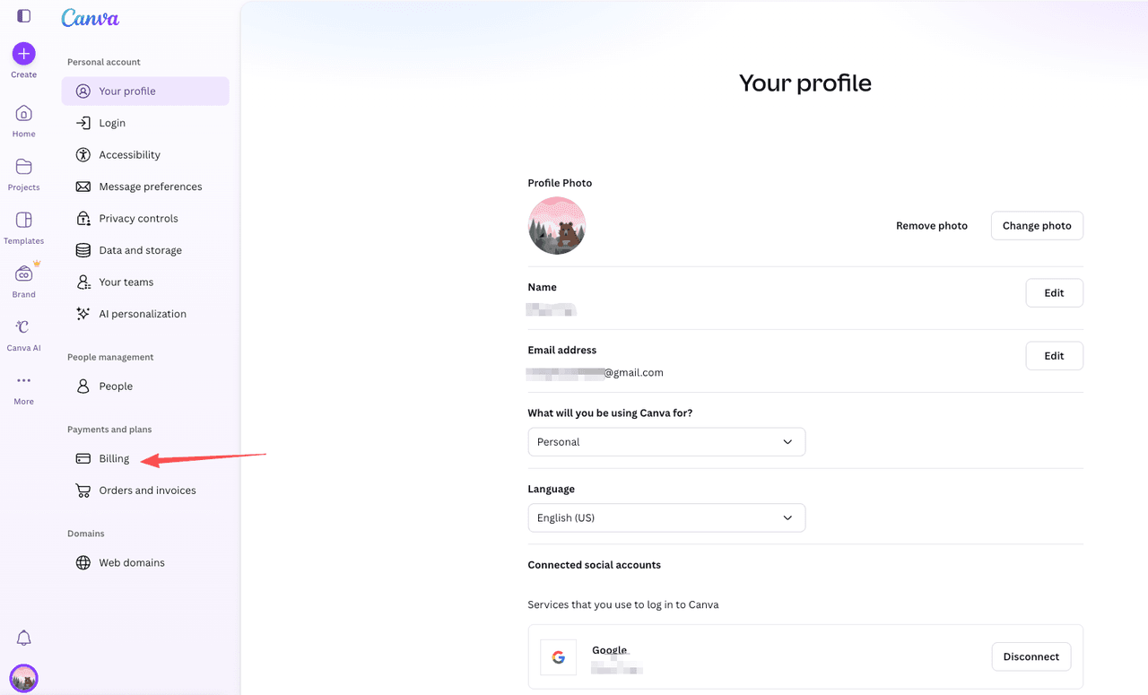Canva account settings sidebar highlighting 'Billing' under Payments and plans, showing profile and email sections to locate subscription cancellation options for Pro