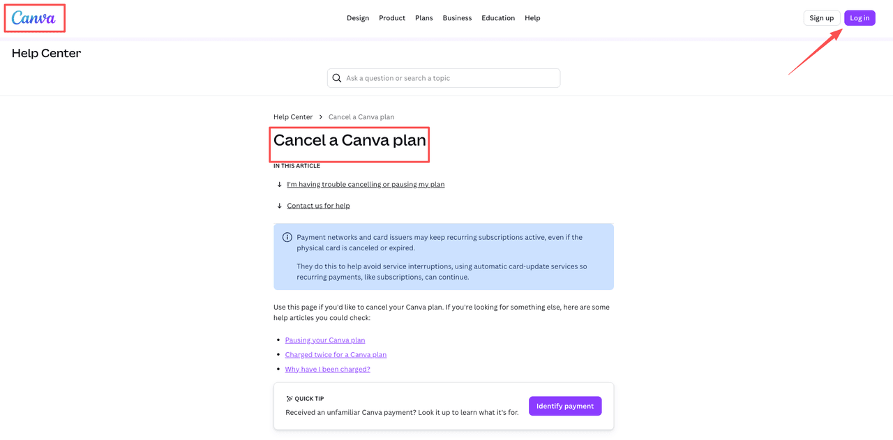Canva Help Center page titled 'Cancel a Canva plan' with navigation to login, important payment note, and quick tip for identifying charges to help cancel subscription