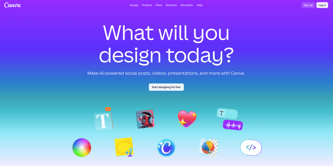 Canva homepage with vibrant purple-blue gradient, 'What will you design today?' text, and Sign up/Login buttons as starting point to access settings for canceling subscription