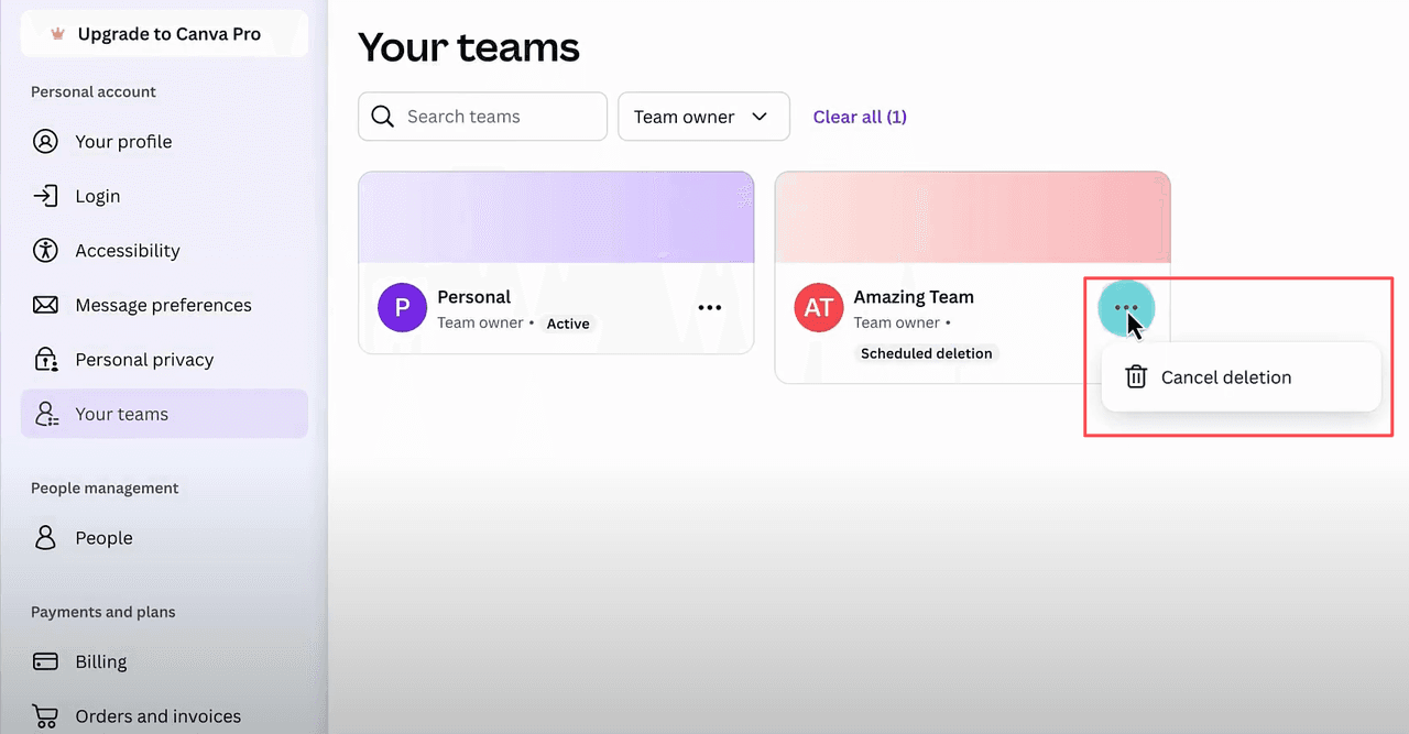 Canva 'Your teams' dashboard listing Personal and Amazing Team accounts with team owner options and three-dot menu to manage or cancel Canva Teams subscription