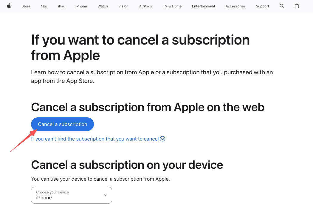 Apple support page guide to cancel subscription from Apple showing highlighted Cancel a subscription button for ChatGPT Plus