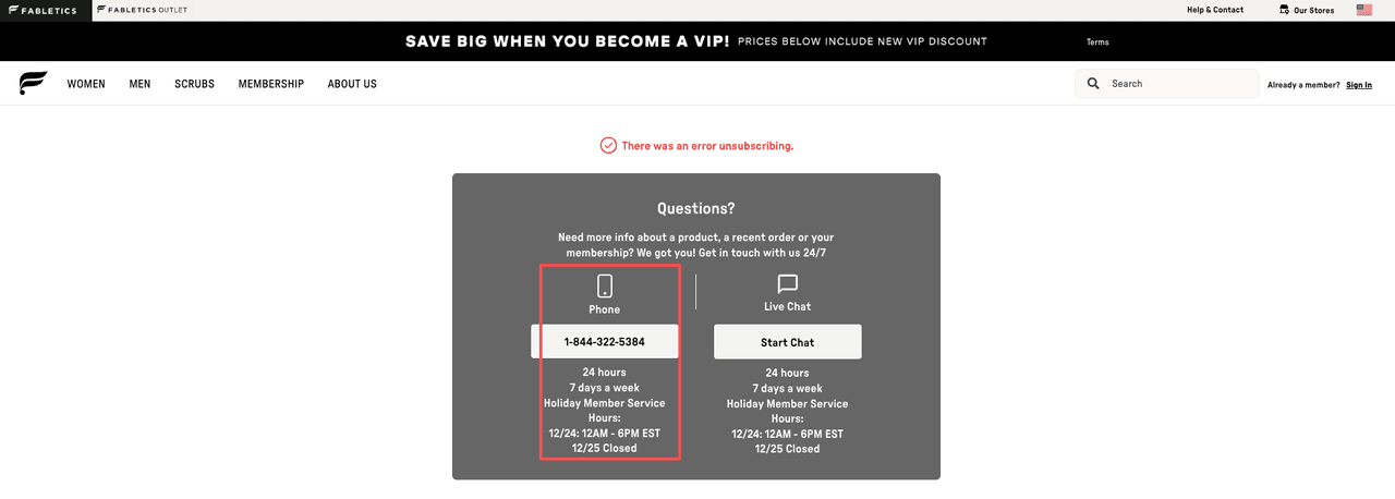 Fabletics contact support page showing 1-844-322-5384 phone number and live chat for easy membership cancellation requests anytime