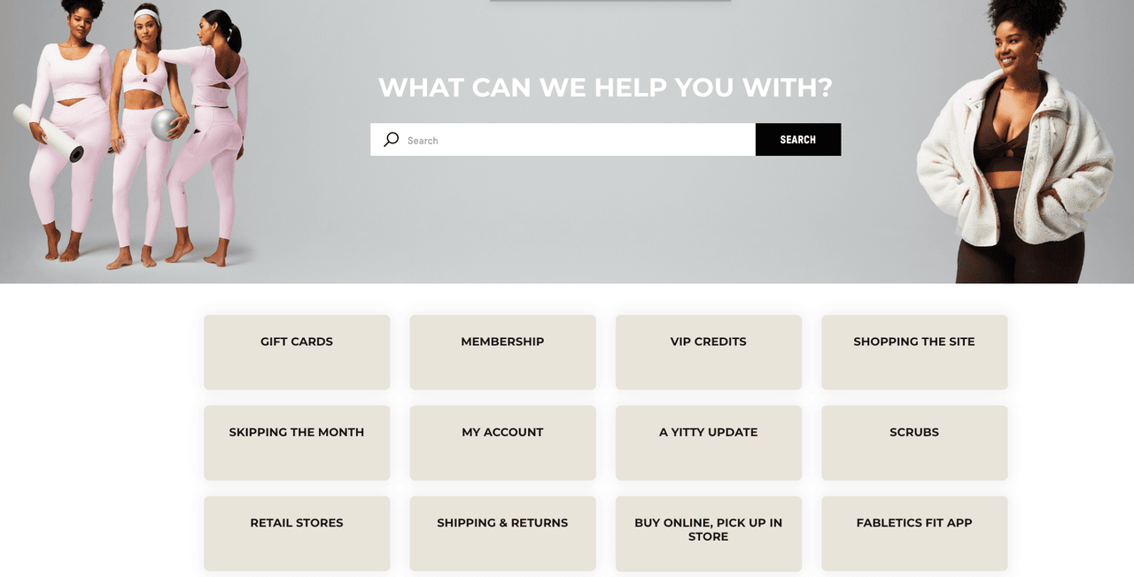 Fabletics help center dashboard with membership and skipping the month sections to learn how to cancel Fabletics VIP membership fast