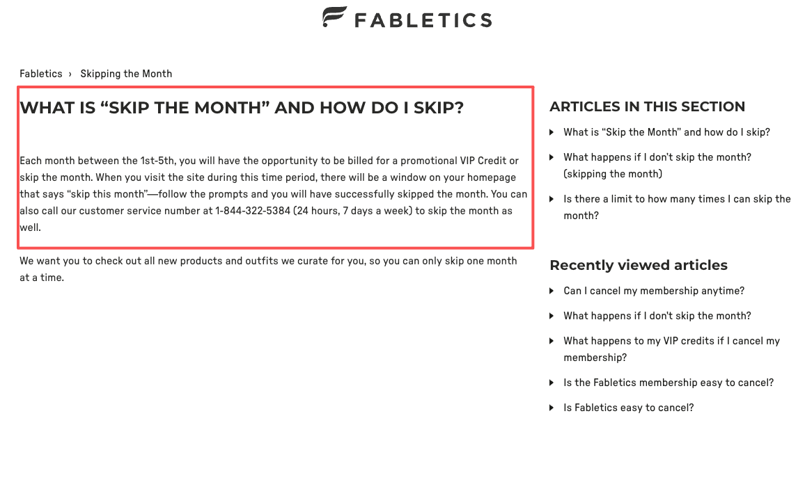 Fabletics help page explaining skip the month option and how to cancel membership via phone at 1-844-322-5384 to avoid charges