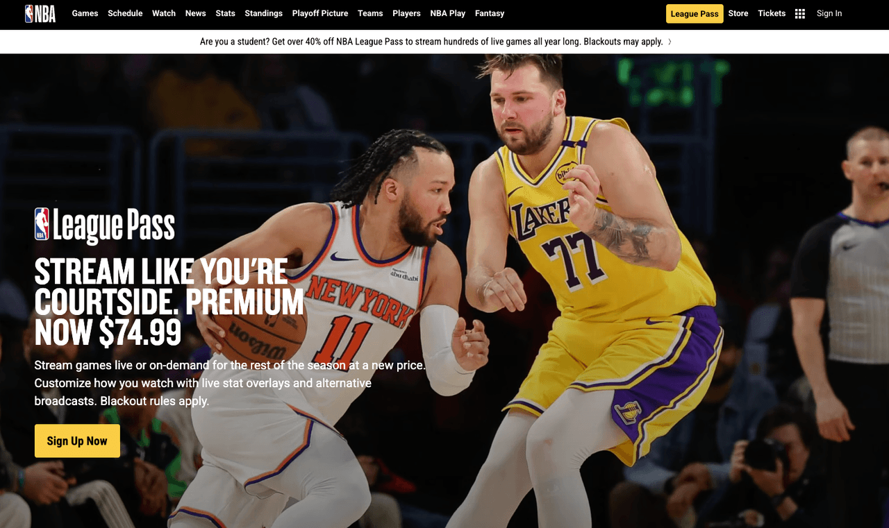 NBA League Pass Premium streaming promo with Lakers players action shot, $74.99 price for rest of season, and sign-up button – learn how to cancel this subscription easily
