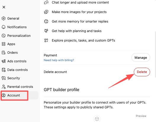 ChatGPT settings menu open to Account tab with red arrow pointing to Delete account button, important step after cancel ChatGPT subscription