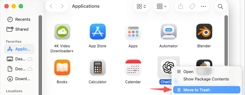 Screenshot showing how to delete chatgpt mac app by right-clicking the icon and selecting move to trash in finder.