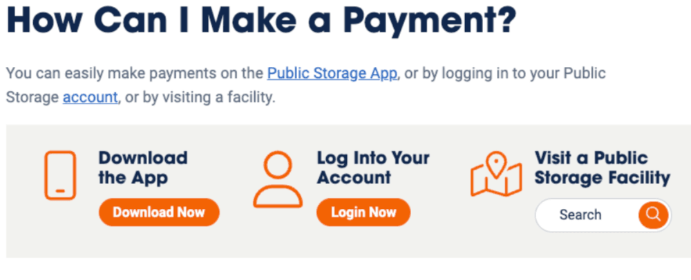 Interface showing payment options like the app and website to help customers avoid incurring public storage late fees.
