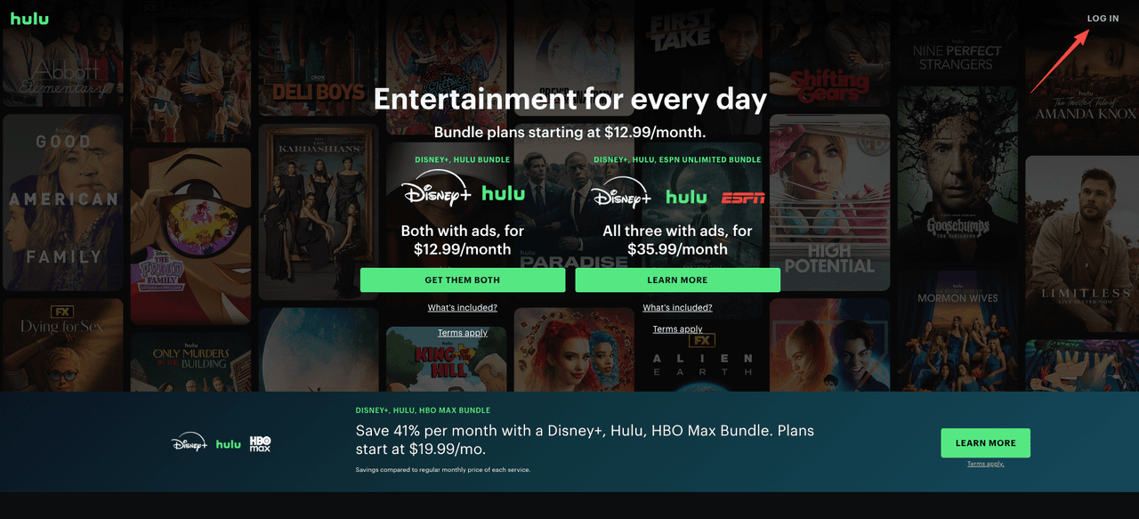 Hulu official homepage in 2026 displaying Disney+ Hulu bundle offers starting at $12.99/month and login button to access account for canceling Hulu subscription.