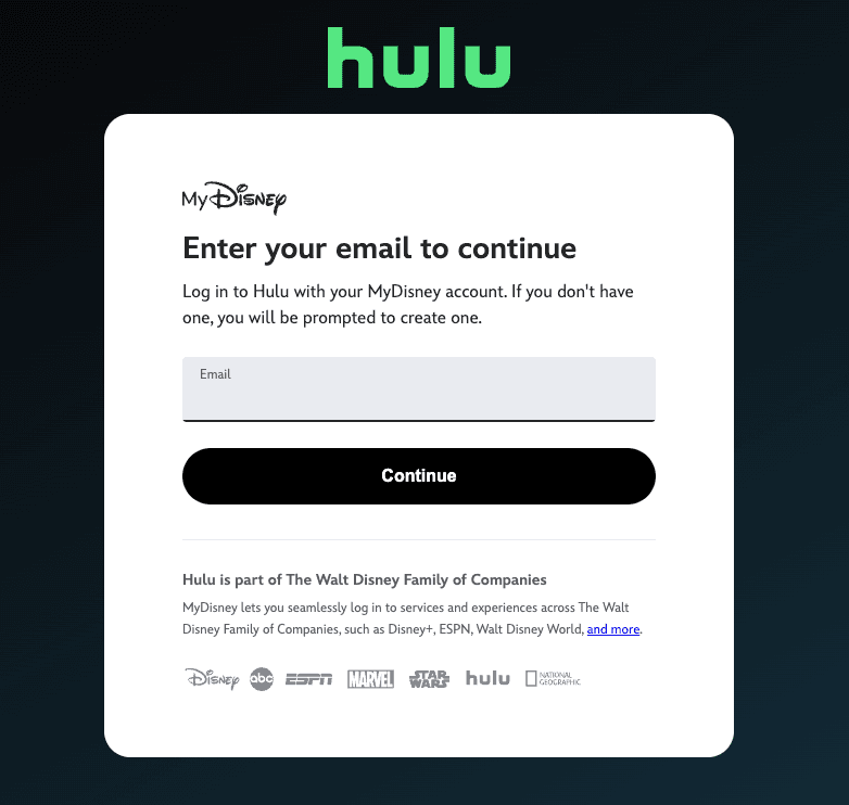 MyDisney login screen for Hulu requiring email entry to continue and access account settings needed to cancel Hulu subscription seamlessly in 2026.