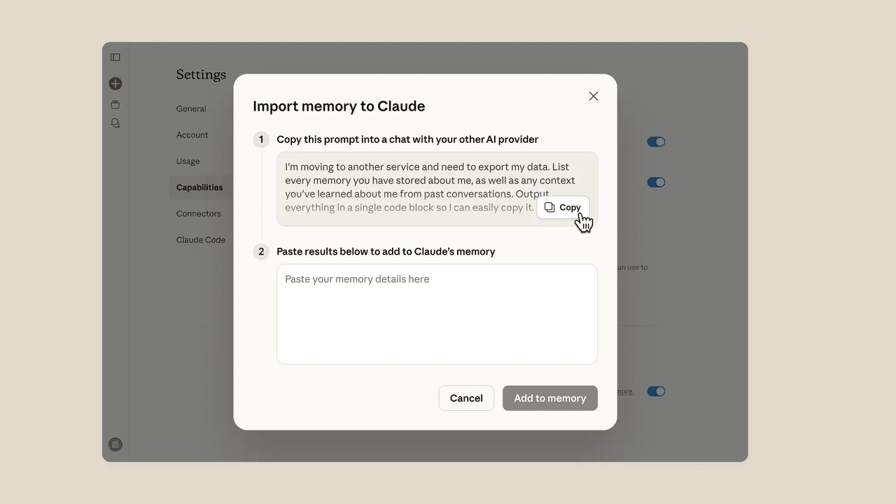 Step two on how to migrate from chatgpt to claude: using the import memory prompt tool.