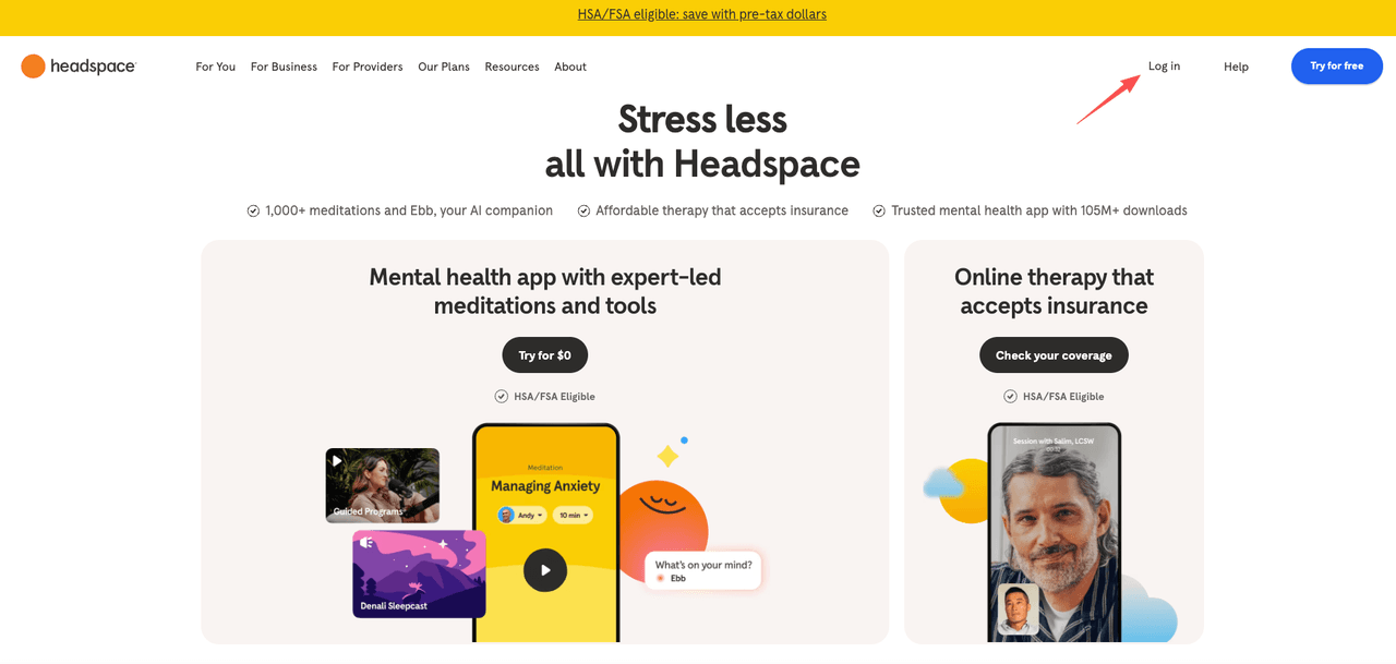 Click the top right login button on the homepage to start the process to cancel headspace subscription.
