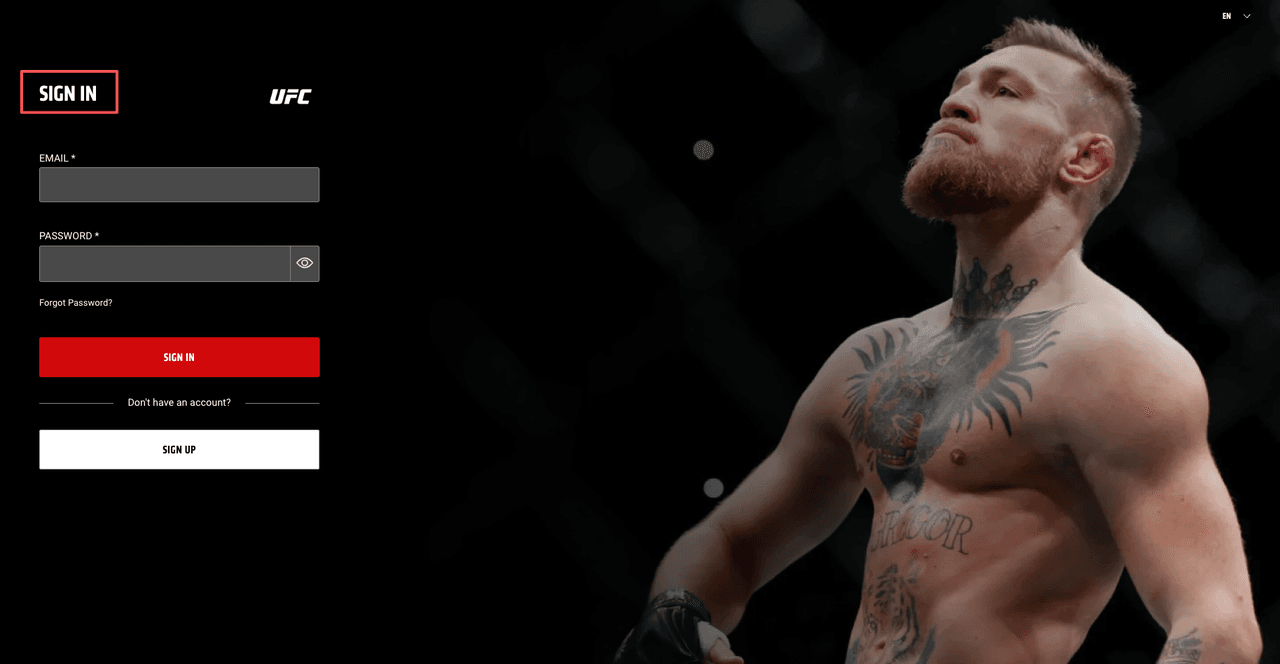 The sign-in screen requiring email and password access to manage settings and eventually cancel UFC Fight Pass subscriptions.
