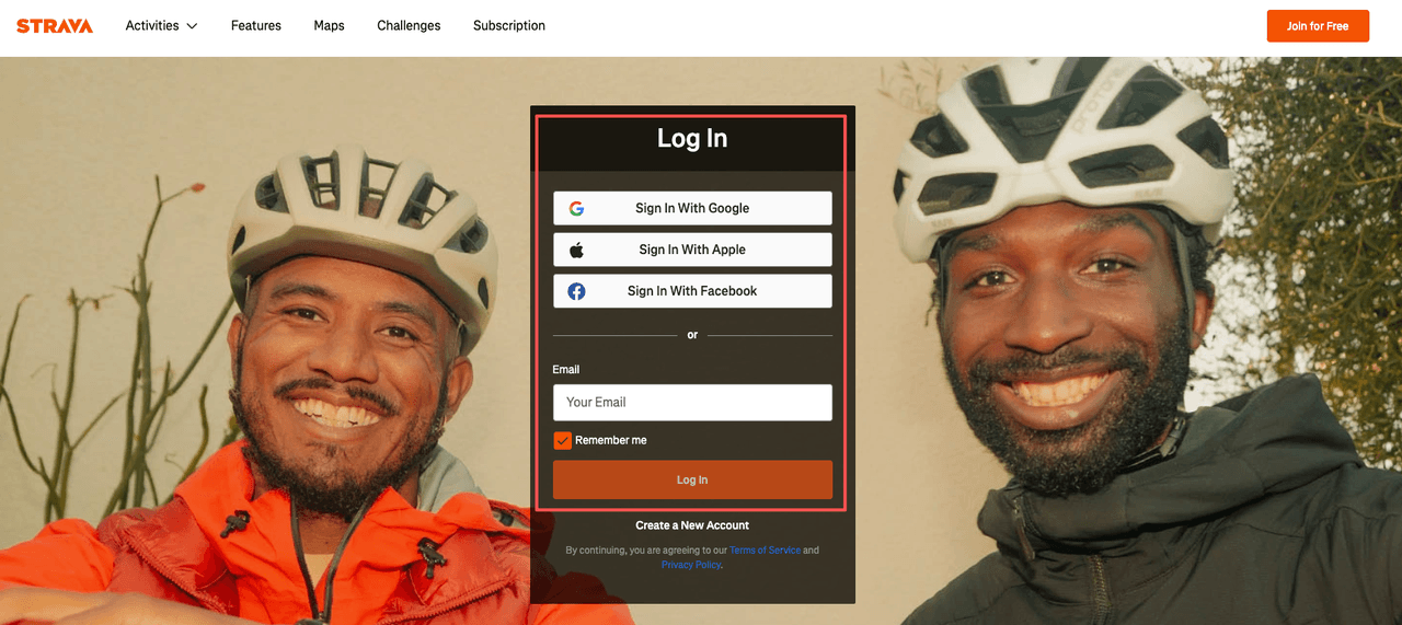 Strava login page showing options to sign in with Google, Apple, or Facebook, set against a background of smiling cyclists.