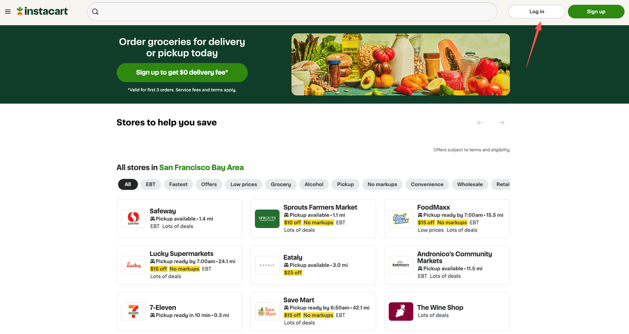 Click the login button on the homepage to access settings and cancel Instacart Plus membership officially.