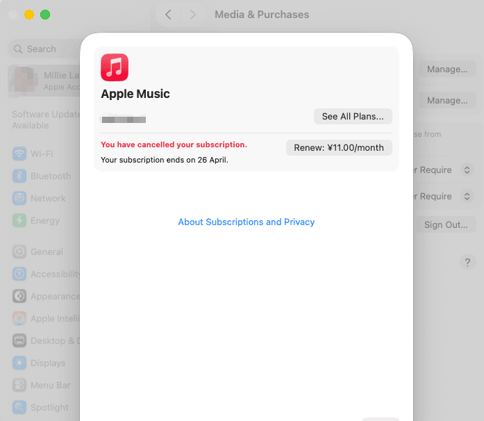 Mac screen successfully displaying that you have chosen to cancel apple music free trial with the final end date.