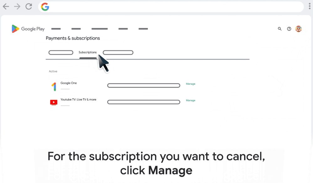 Click Manage next to the active service to successfully cancel youtube tv through google play on the subscriptions page.
