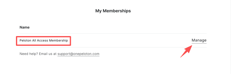 Click the Manage link next to your All Access plan to proceed and cancel peloton membership through the web portal.