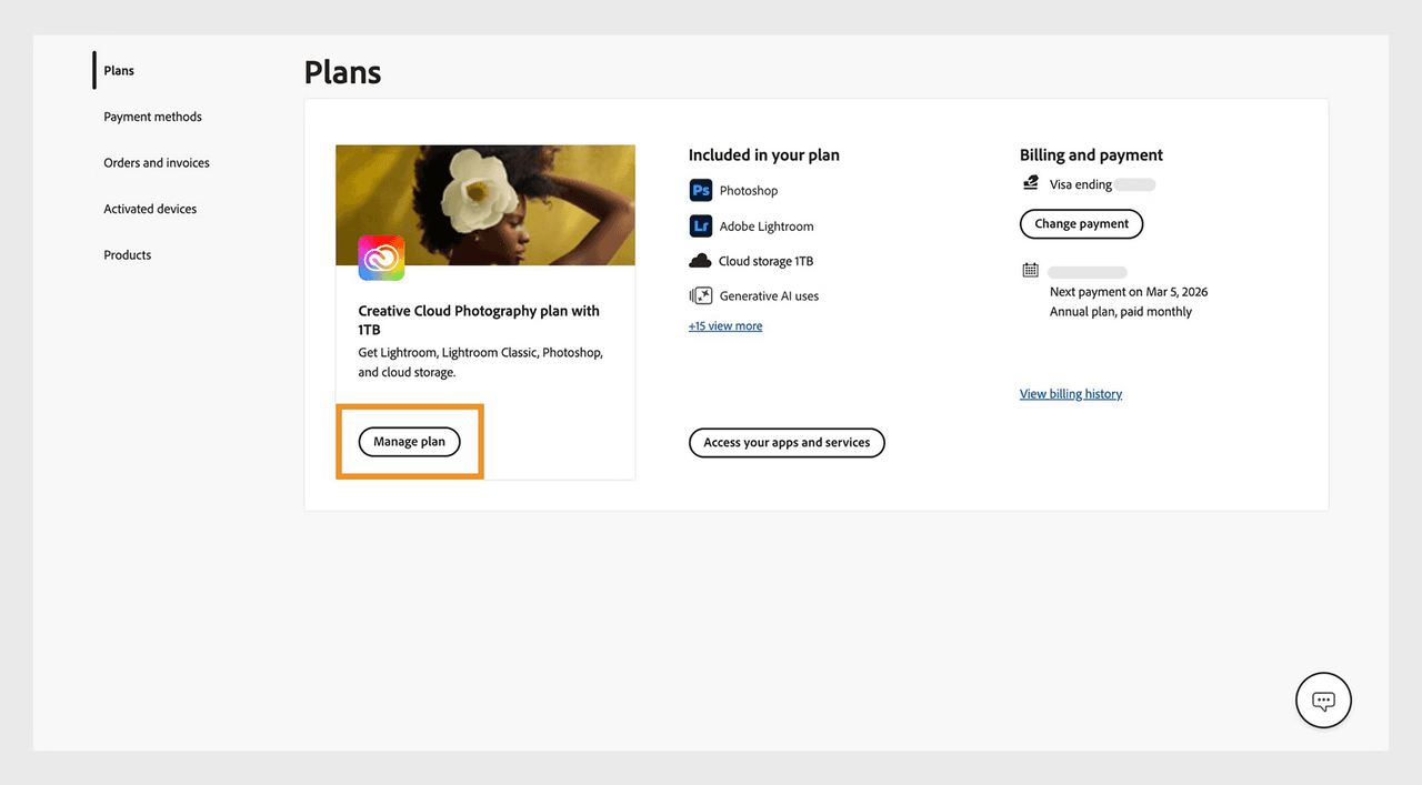 Adobe account Plans section with Manage plan button highlighted to cancel Creative Cloud Photography subscription in 2026 guide