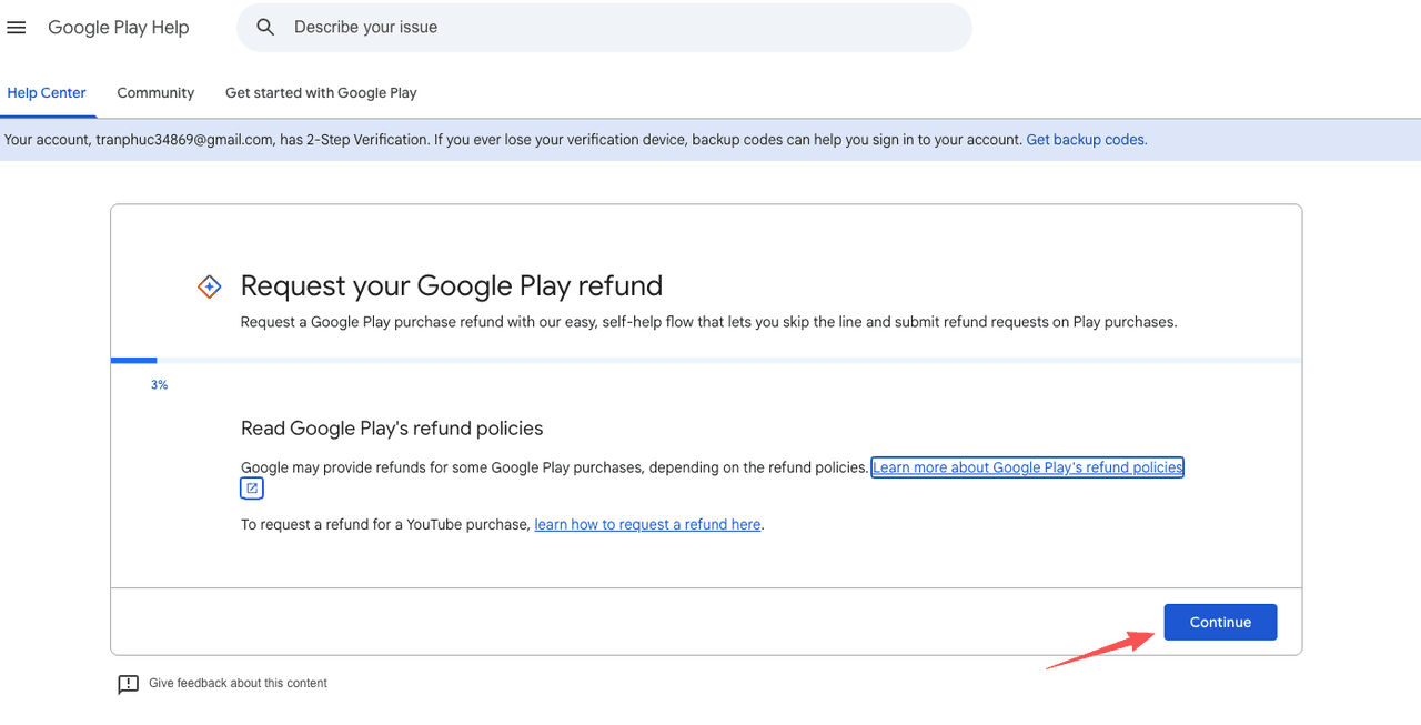 Google Play Help Center page titled "Request your Google Play refund," useful for learning how to cancel a Strava subscription made through the Play Store.