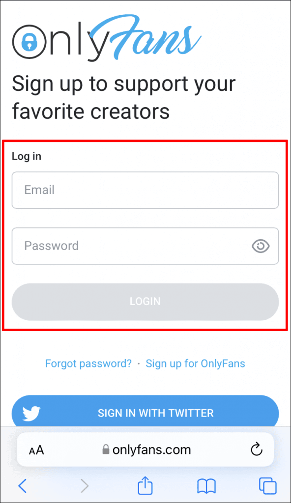 A mobile version of the OnlyFans login page with a red highlight, explaining how to cancel OnlyFans subscription on phone.
