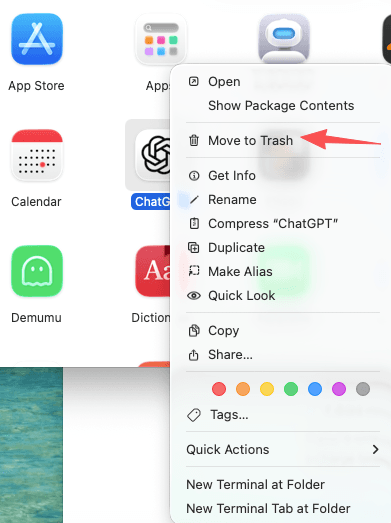 Right-click context menu on ChatGPT app in Mac Applications with Move to Trash option selected, final step to delete app locally after cancel ChatGPT Plus