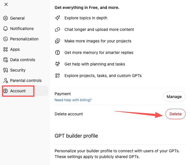 Find the delete button in settings when learning how to delete chatgpt account permanently from the OpenAI platform.