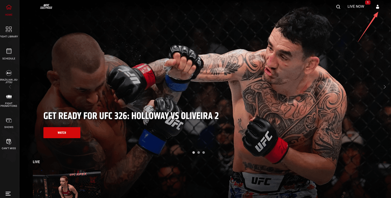 A red arrow pointing to the user profile icon on the dashboard, which is the necessary step to cancel UFC Fight Pass settings.