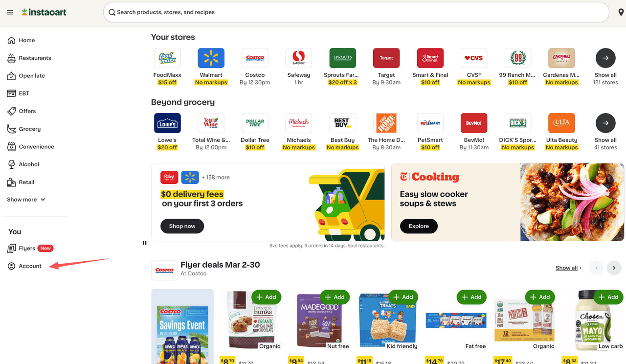 Arrow pointing to the Account tab in the sidebar to begin the steps to cancel Instacart Plus membership.