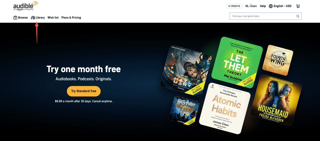 A screenshot of the Audible homepage menu pointing to the Library tab, which you should check before you cancel audible subscription.