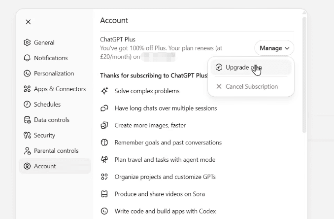 The account settings menu highlighting the Manage button, the first step when learning how to cancel my chatgpt subscription.
