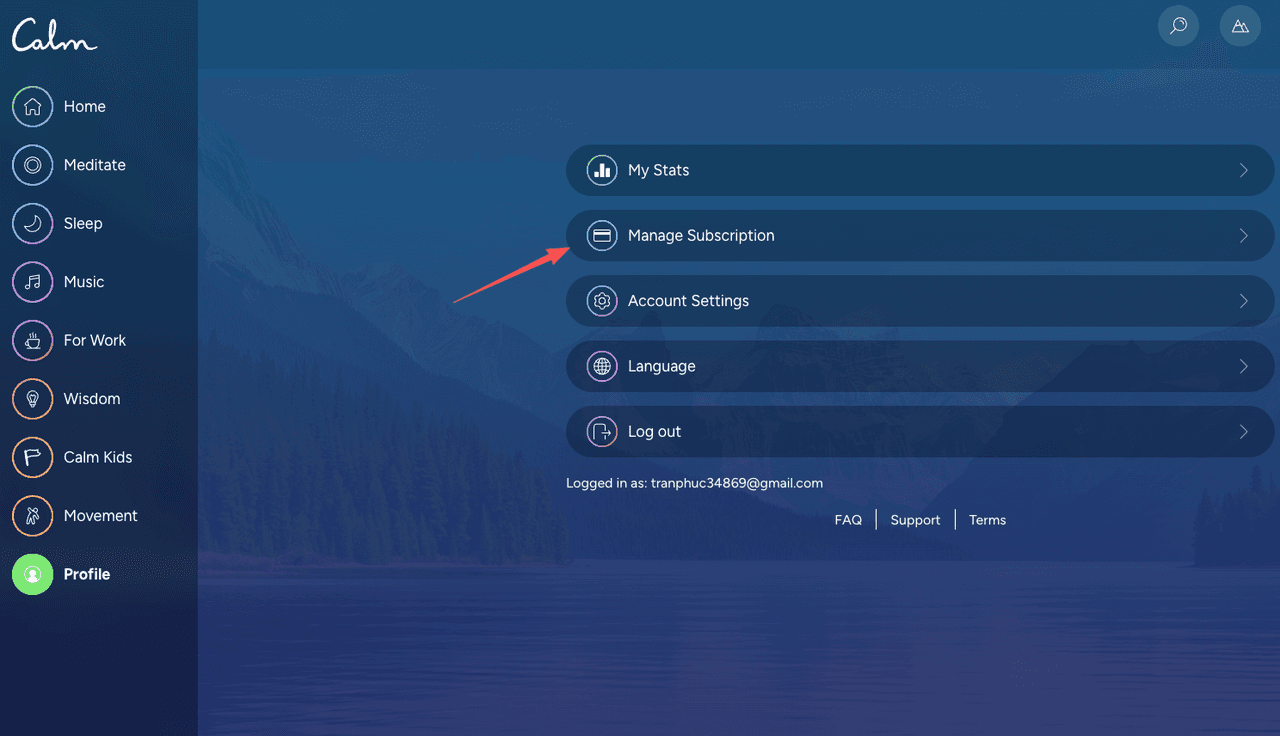 Calm user profile menu highlighting the manage subscription link for how to cancel calm app on the website.