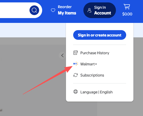 Clicking the Walmart Plus option in the account dropdown menu as a step in how to cancel Walmart Plus membership.