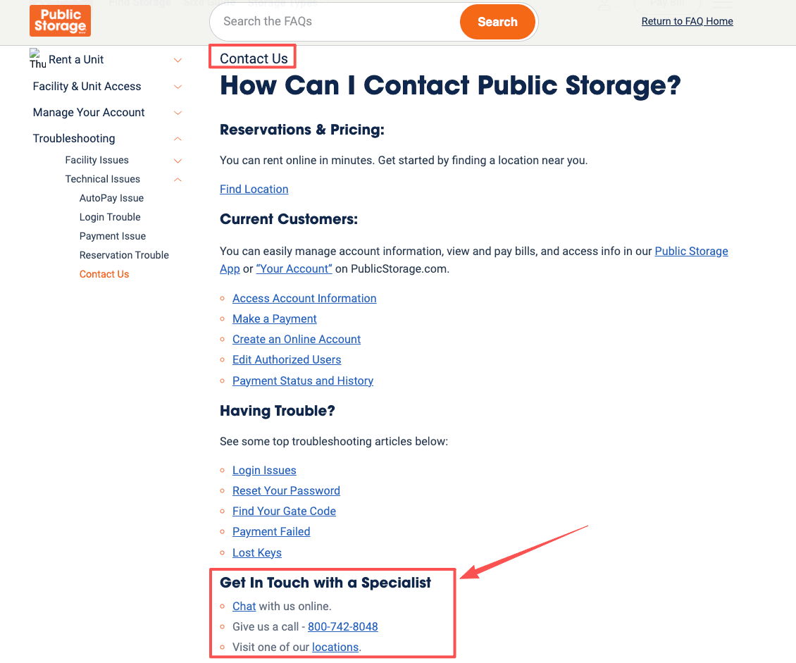 Official help page with contact info to address public storage corporate office complaints via phone or chat.